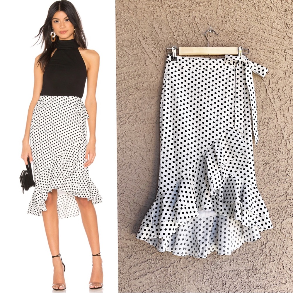 REVOLVE TULAROSA NWT Black & White Polka Dot Ruffle Flounce Midi Wrap Skirt XXS